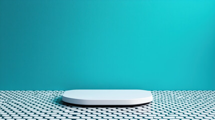 Poster - White pedestal displaying on patterned tile surface with vibrant blue background