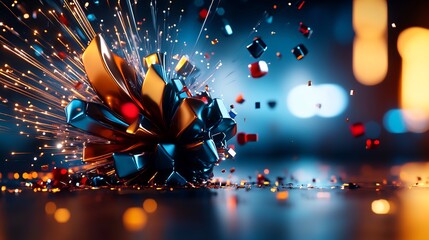 Exploding metallic shapes with sparks and confetti.