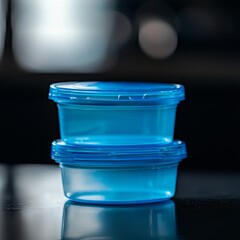 Stack of blue food containers with a reflective finish.