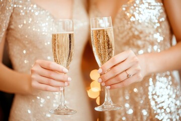 Elegant hands raise glasses wearing sparkling dresses