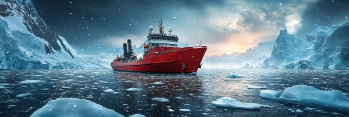 Aufkleber - A red icebreaker navigates icy waters among towering glaciers under a moody sky, highlighting its strength in the polar region. Generative AI