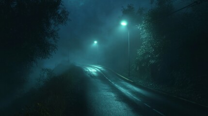 Poster - A foggy road at night illuminated by soft streetlights, casting a calming blue and green glow across the misty surroundings