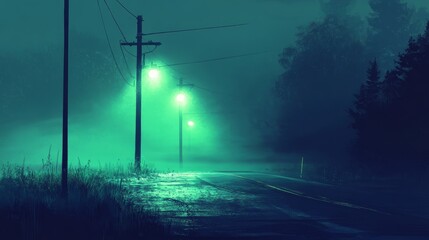 Poster - A foggy road at night illuminated by soft streetlights, casting a calming blue and green glow across the misty surroundings