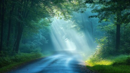 Poster - A foggy road illuminated by gentle streetlight beams, their calming blue and green tones spreading softly through the mist