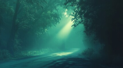 Poster - A foggy road illuminated by gentle streetlight beams, their calming blue and green tones spreading softly through the mist