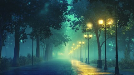 Poster - A misty evening street illuminated by glowing streetlights in calming shades of blue and green, creating a surreal atmosphere