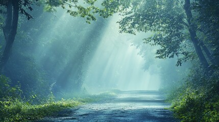 Poster - A foggy road illuminated by gentle streetlight beams, their calming blue and green tones spreading softly through the mist
