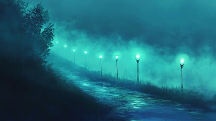 Poster - A misty road illuminated by a line of streetlights, their blue and green glow creating a serene and otherworldly ambiance