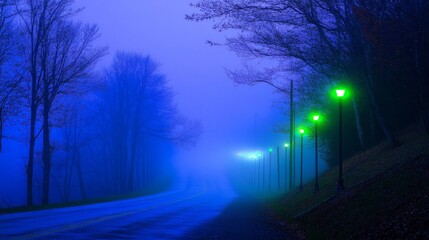 Poster - A misty road illuminated by a line of streetlights, their blue and green glow creating a serene and otherworldly ambiance