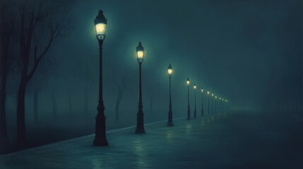 Poster - A quiet, fog-laden road at night, with rows of streetlights emitting a calming blue-green glow through the mist