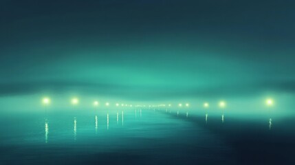 Poster - A serene nighttime road covered in fog, with streetlights casting soft, blended blue and green glows in the distance