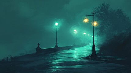 Poster - A serene road at night with streetlights glowing in soft blue and green shades, blending into the thick mist surrounding it