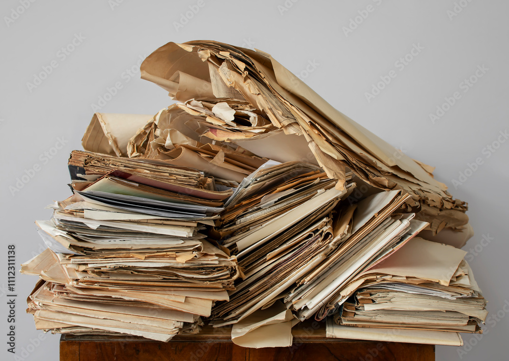 Old, chaotically folded papers, drawings, price lists on a light ...
