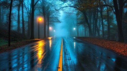Poster - A tranquil, foggy road with streetlights casting calming blue and green reflections onto the wet asphalt
