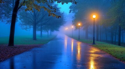 Poster - A tranquil, foggy road with streetlights casting calming blue and green reflections onto the wet asphalt