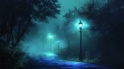 Poster - A tranquil, misty road at night, with streetlights radiating soft blue and green hues, blending beautifully into the fog