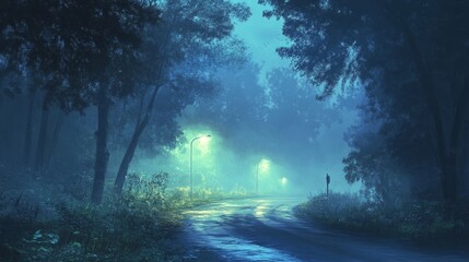 Poster - A tranquil, misty road at night, with streetlights radiating soft blue and green hues, blending beautifully into the fog