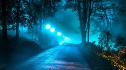 Poster - Serene nighttime road enveloped in fog, with streetlights emitting a tranquil mix of blue and green hues in the mist