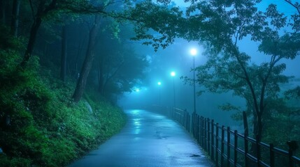 Poster - Serene nighttime road enveloped in fog, with streetlights emitting a tranquil mix of blue and green hues in the mist