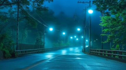 Poster - Serene nighttime road enveloped in fog, with streetlights emitting a tranquil mix of blue and green hues in the mist