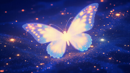 Poster - A beautifully glowing butterfly against a deep blue background, radiating soft pastel colors and surrounded by glimmering stars, perfect for fantasy art and visual design.