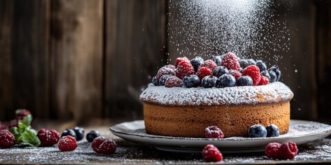 Wall Mural - Delicious cake topped with fresh berries and powdered sugar. A rustic dessert that looks inviting. Perfect for celebrations or everyday treats. Enjoy its sweet flavors and vibrant colors. AI