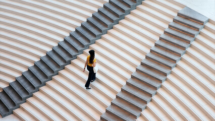 Top high wide angle view Go green Gen Z woman asia young people eco tote bag reuse step walk up down stairs city life save the earth world care. Reduce issues asian hope net zero waste the way forward