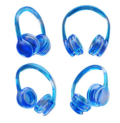Poster - Transparent blue headphones displayed in four views, isolated on a white background. Sleek design concept, ideal for technology and audio themes. 3D Rendering.