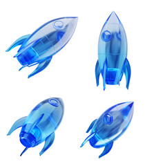 Poster - Four blue transparent rocket models isolated on a white background, 3D Rendering, representing innovation, startup ideas, and new business concepts
