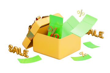 Poster - Yellow gift box with green discount cards and golden sale symbols, isolated on white background. Concept of discounts, offers, and promotions. 3D Rendering.
