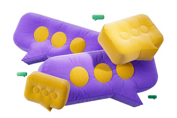 Leinwandbilder - Cushioned speech bubbles in purple and yellow colors with dotted designs, isolated on a white background. Concept of communication and social interaction. 3D Rendering.