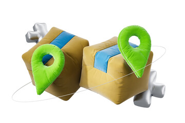 Poster - Two soft plush delivery boxes with green map pins and blue stripes, isolated on a white background, symbolizing logistics and delivery concepts. 3D Rendering.