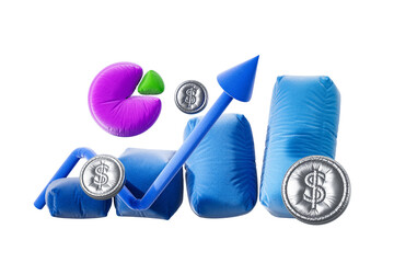 Poster - Inflatable chart bars, arrow, pie chart, and silver coins, soft fabric texture, isolated on white background. Concept of finance and growth. 3D Rendering.