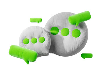 Leinwandbilder - Green and gray 3D-rendered speech bubble icons with a soft, cushion-like texture on a white background. Concept of communication and messaging. 3D Rendering.