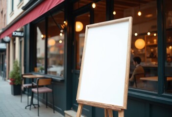 Poster - The blank white paper poster mockup displayed outside the restaurant building serves as a marketing and business concept