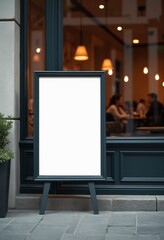 Poster - The blank white paper poster mockup displayed outside the restaurant building serves as a marketing and business concept