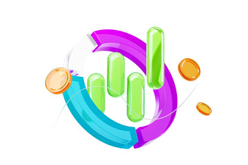 Poster - Abstract 3D rendering featuring colorful circular and bar elements in green, purple, and blue, with gold coins. Isolated on white. Concept of data