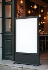 Poster - The blank white paper poster mockup displayed outside the restaurant building serves as a marketing and business concept