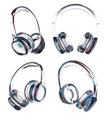 Poster - Four futuristic transparent headphones with a glossy, reflective finish shown from different angles, isolated on a white background. Concept of modern sound technology. 3D Rendering.