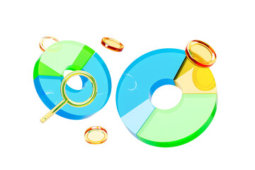 Poster - 3D colorful pie charts in blue, green, and yellow with a magnifying glass and golden coins, isolated on a white background, concept of analytics. 3D Rendering.