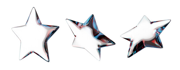 Poster - Three transparent glass stars with colorful reflections, isolated on a clean white background. Concept of elegance, decoration, and luxury. 3D Rendering.