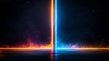 Poster - vibrant neon light display shining through a dark cosmic background with colorful wisps and glow eff