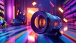 © pentolo - Close-up of a camera lens in a vibrant, neon-lit studio environment. Abstract geometric shapes and colorful lighting highlight the lens's intricate design.