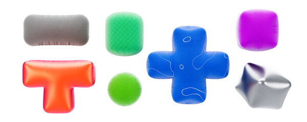 Poster - Set of colorful textured 3D shapes including cubes, cylinders, and crosses arranged on a white background. Concept of design and decoration. 3D Rendering.