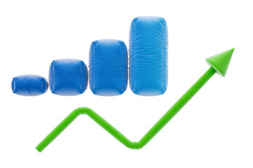 Poster - Inflatable blue bar chart with green upward arrow, isolated on a white background. Concept of growth, business success, and progress. 3D Rendering.