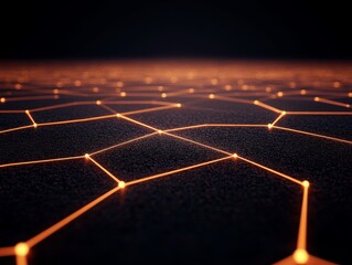 Fototapete - Dark background features glowing orange lines and geometric shapes, symbolizing a futuristic digital network with glowing nodes for various creative applications
