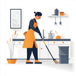 © grape_vein - Housekeeper cleaning the kitchen while wearing an orange apron in a modern home setting