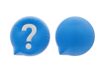 Poster - Two blue speech bubbles, one with a question mark, isolated on a white background. Concept of conversation, thinking, or idea exchange. 3D Rendering.