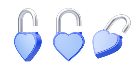 Poster - Heart-shaped blue padlocks in various positions, isolated on a white background, metallic details, symbolizing love and security. 3D Rendering.