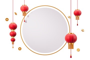 Poster - Red Chinese lanterns and gold coins hanging around a circular golden frame on an isolated white background. Festive concept. 3D Rendering.